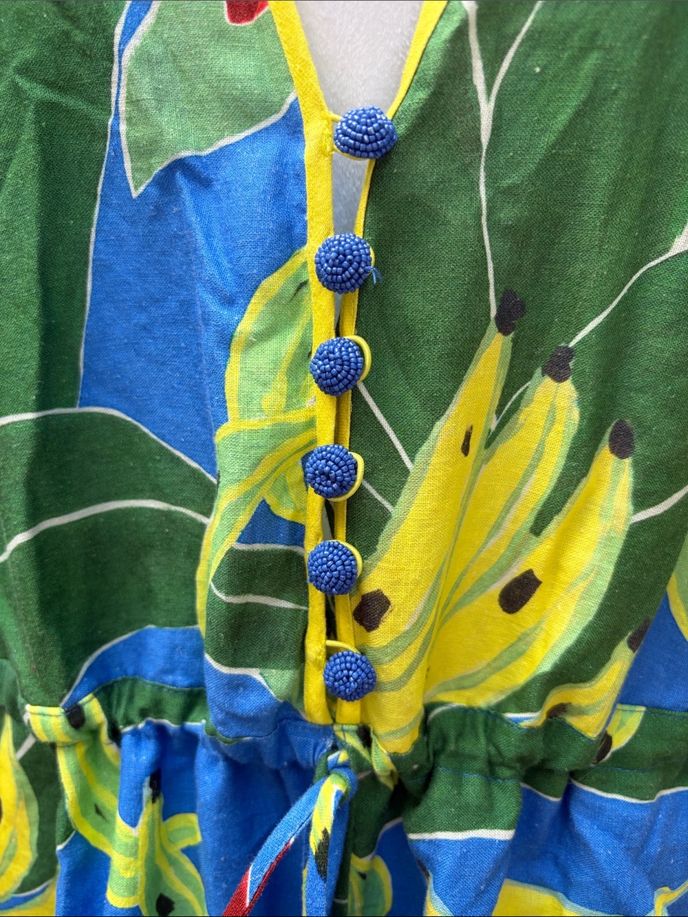 Farm Rio NWT Blue Banana Leaves Tropical V-Neck Drawstring Linen Romper, size L - Picture 5 of 14